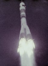 Lift off of the vostok rocket for the soyuz 4 / soyuz 5 mission, 1969.