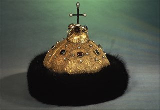 The crown of monomakh (peter the great) at the kremlin armory in moscow, russia.