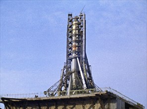 A rocket bearing the soviet space probe venera 5 or 6 prior to it's launch in january 1969, this is a still from the film 'the storming of venus', produced by e, kuzis at the tsentrnauchfilm central s...