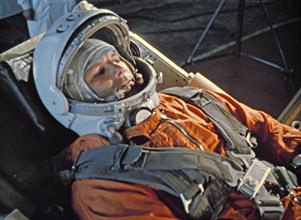 Cosmonaut yuri gagarin during last minute checks of vostok i control systems before launch, 1961.