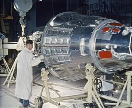 Soviet space probe sputnik 3 in the assembly shop being prepared for it's launch on may 15, 1958.