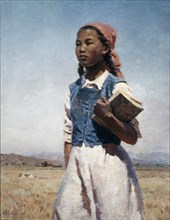 Daughter of soviet kirghizia' 1948 painting by semyon chuikov, socialist realism.