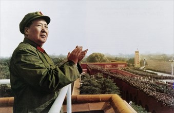 Chairman mao zedong applauding red guards at a parade in tienanmen square, beijing, china, 1960s.