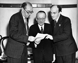 (left to right) poet itzik feffer, rabbi ashinsky, and professor solomon mikhoels at carnegie music hall in pittsburgh during their fund-raising trip to the united states in 1943 for the jewish anti-f...