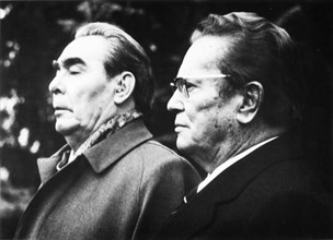 Tito and brezhnev during the intonation of national anthems during the welcoming ceremony in front of the white palace in belgrade, nov, 1976.