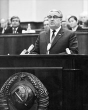 Vitaly v, fedorchuk, chairman of the state security committee of the ussr(kgb), speaking at the final sitting of the ussr supreme soviet of the 10th convocation, november 24, 1982.