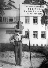 Academician ivan pavlov in kolyushi (now called pavlovo), the sign reads: experimental genetics of the higher nervous system.