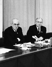 Yuri andropov and mikhail gorbachev during a meeting with party veterans in the cpsu central committee on august 15, 1983.