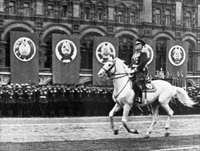 Marshal georgy zhukov riding across red square prior to the victory parade on june 24, 1945.