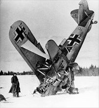 A nazi warplane downed and crashed outside moscow in december 1941.