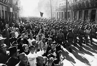 Operation august storm (battle of manchuria), population of harbin, manchuria greet victorious red army infantrymen after the japanese surrendered the city on august 20th, 1945, world war 2.