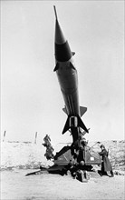 Soviet sa-2 (sam-2) surface-to-air missile during military exercises in the trans-caucasian military district, 1986.