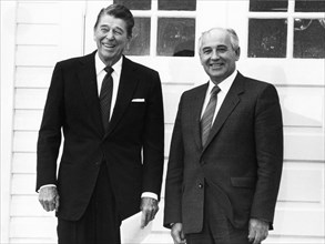 General secretary of the cpsu central committee mikhail gorbachev and president ronald reagan of the usa after their summit meeting in reykjavik, iceland on october 12, 1986.