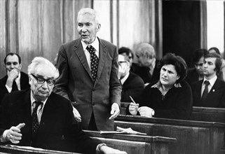 Moscow university, mathematician andrei kolmogorov among his colleagues and pupils at the academic council of the mechanics and mathematics faculty of the university, may 1980.