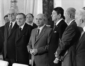 Mkhail gorbachev and ronald reagan, prior to their summit talks in moscow's kremlin on may 30, 1988.