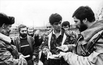 Nagorno karabakh, azerbaijan, april 1992, talks on he exchange of hostages between representatives of the opposing armenian and azerbaijan military forces.