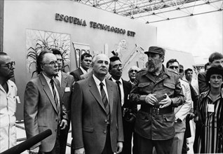 Fidel castro, head of the communist party of cuba (right) with mikhail gorbachev, general secretary of the cpsu (center) at expo-cuba exhibition, april 1989, havana, cuba, state visit by m, gorbachev ...