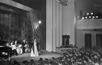 The hungarian jazz ensemble from budapest, featuring soloist stefy akos, performing a concert at the central railwaymen's house of culture in moscow, november 1956.
