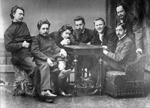 From left: s,g, skitalets (petrov), l,n, andreev, a,m, gorky (gorki), n,d, teleshov, f,i, shalyapin, i,a, bunin, e,n, chirikov, group of writers and critics who contributed to znaniye publishing house...