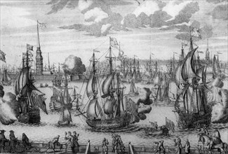 St, petersburg, a print by a, zubov, 1727, the russian navy created by peter the great.