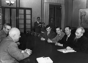 Nikita khrushchev meeting with ho chi minh of the democratic republic of vietnam in moscow, ussr, 1957.