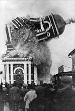 Belfry of the christmas church (russian orthodox) in city of murom, ussr, is blown up by the soviet authorities in 1929, anti-religion policy.