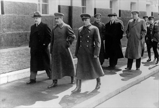 Left to right: v, molotov, josef stalin, k, voroshilov, georgy malenkov, l, beria (in cap) in moscow, ussr may day, 1941.