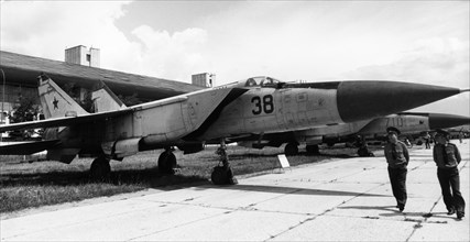Mig 25 foxbat, soviet jet fighter,  khodynka field air museum, ussr, august 1991.