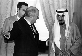 Mikhail gorbachev with sheik jaber al-ahmad al-sabah, emir of kuwait, prior to their talks on november 9, 1991, the emir came to moscow seeking assistance in freeing kuwaiti citizens who were still be...
