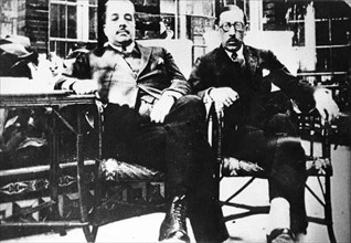 Choreographer and russian theater, dance, and art impresario, sergei diaghilev with composerigor stravinsky, whose ballets were staged by diaghilev's company during the 'russian seasons', september 19...