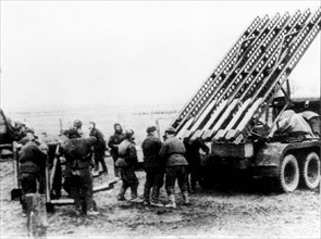A soviet lorry-mounted multiple rocket launcher 'katyusha' in a combat position in poland or east germany, 1945.