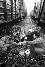 Most of the refugees in dushanbe live in railway carriages, tajikistan, december 1992.