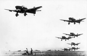 World war 2, german junker ju-87 dive bombers (stukas) taking off from an airfield in the soviet union, 1941.