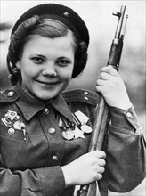 World war 2, guards lieutenant nina lobovskaya, commander of the sniper company of the first byelorussian front in berlin on victory day may 9, 1945