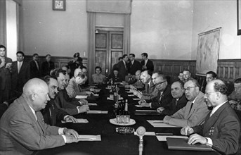 Nikita khrushchev and walter ulbricht at the kremlin during a meeting between the leaders of the ussr communist party and government and the members of the gdr party-government delegation, june 9, 195...