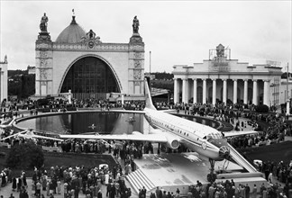 A aeroflot tupelev jet airliner on display in front of the central hall of the ussr economic achievements exhibition in moscow ussr june 1959.