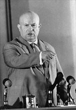 Soviet premier, nikita khrushchev speaking to soviet and foreign journalists at a press conference on july 12, 1960, he made a statement about the downing of the u2 spy plane piloted by francis gar po...
