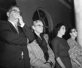Trial of u2 spy plane pilot francis gary powers, moscow ussr, august 19, 1960, powers' parents and wife listen to the court's verdict.
