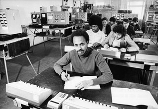 Tesfamariam anania (in the foreground), a fifth year electronics student from ethiopia in a university classroom, moscow 1981.