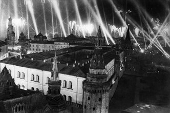 Fireworks over the kremlin in moscow during the massive ve day celebration at the end of world war 2, may 9, 1945.