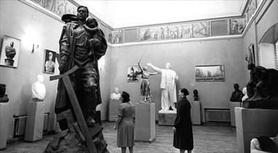 An exhibition of the sculptures of yevgeni vuchetich, prominent soviet sculptor, that has opened in stalingrad, february 1961.