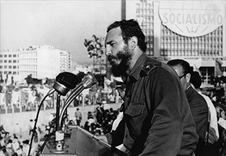 Fidel castro addressing a rally celebrating an anniversary of the cuban revolution of 1959, cuba.