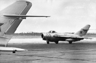 Mig-15 (nato designation: fagot) jet fighters at soviet aerodrome, ussr, 1962.