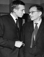 Yevgeny yevtushenko speaking with dmitry shostakovich on the evening of his poetry recital at tchaikovsky concert hall, moscow, ussr, december 1962.
