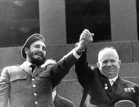 Fidel castro ruz and n, s, khrushchev on the stand of lenin's tomb, may 1, 1963.