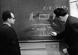 Soviet scientists nikolai basov (left) and alexander prokhorov, winners of the nobel prize in quantum electronics, at work, 1964.
