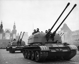 Tanks (zsu 57-2) of the kantemirov division during a military parade in red square commemorating the 47th anniversary of the october revolution, moscow, ussr, november 7, 1964.