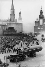 Military parade commemorating the 47th anniversary of the october revolution in moscow's red square, november 7, 1964, 'these giant sized rockets for anti-rocket attack can destroy any ballistic rocke...