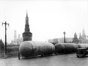 Transportation of anti-aircraft barrage baloons in moscow in october 1941.