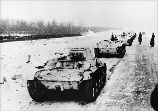 Battle of moscow, 1941, a light armored division on the way to the front near moscow.